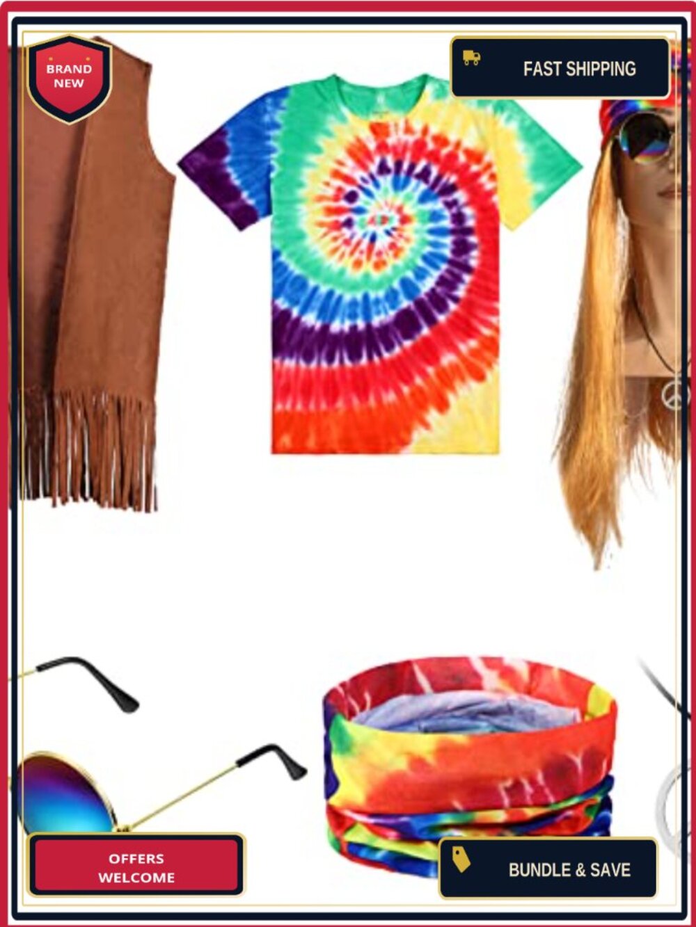 Men's 6-Piece Hippie Costume Set 60s 70s Retro Outfit Fringe Vest Tie Dye